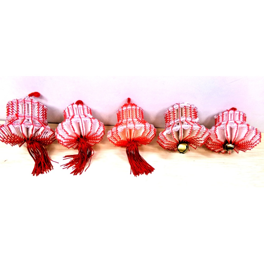 Vintage Large Hand Made Red & White Christmas Bells 4.5" Lot of 5